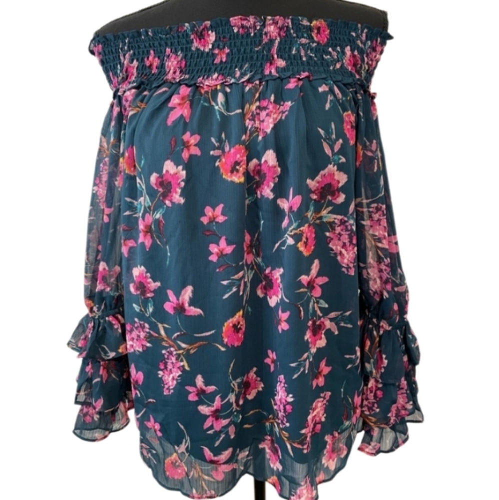 Cece Teal Floral Off The Shoulder Blouse